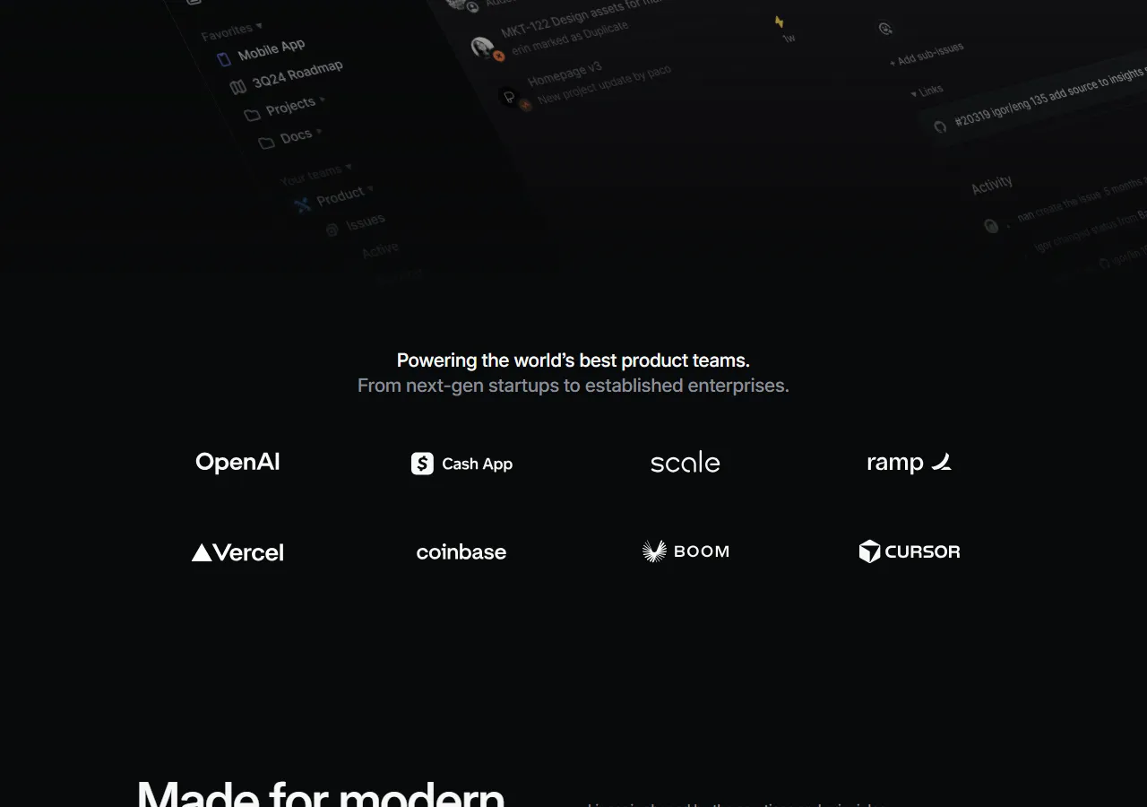 linear.app page section 2 — marketing psychology audit screenshot
