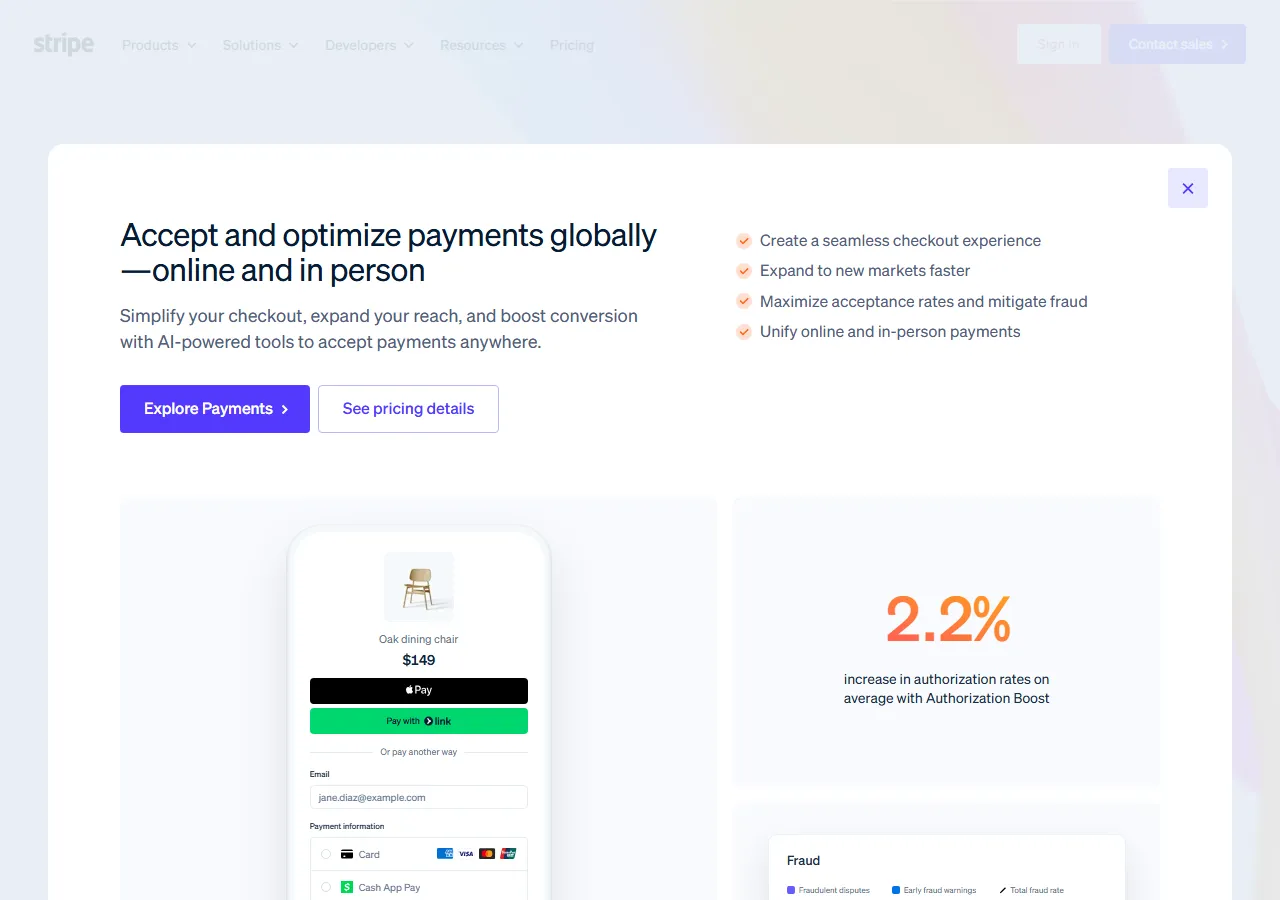 stripe.com homepage — SaaS Landing Page — Marketing psychology audit scoring 72/100