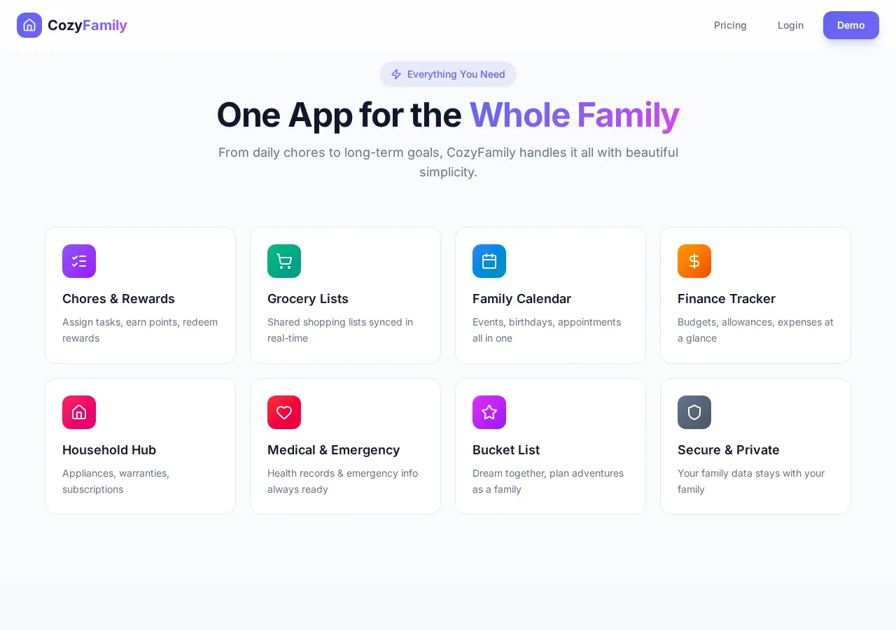 cozyfamily.app page section 2 — marketing psychology audit screenshot