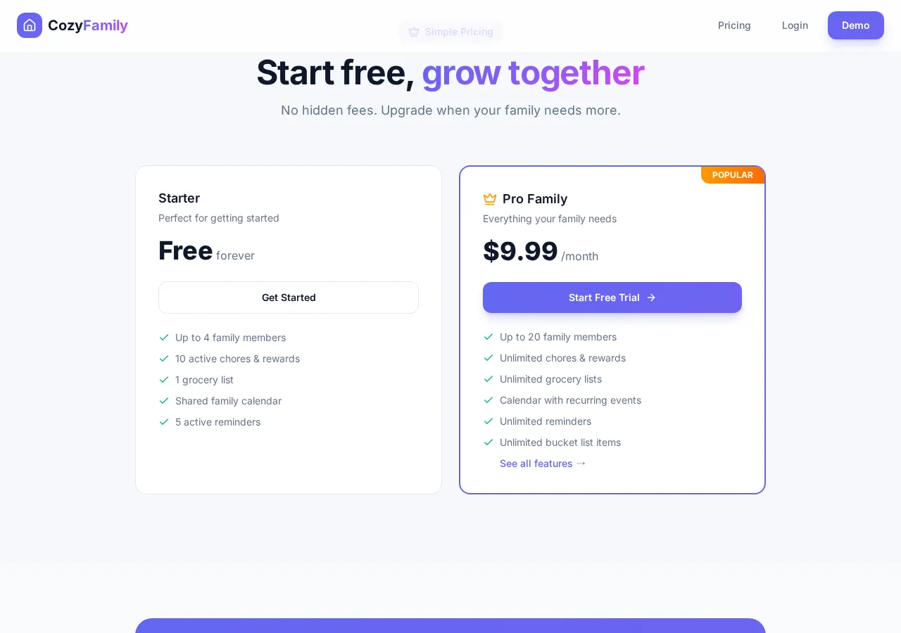 cozyfamily.app page section 3 — marketing psychology audit screenshot