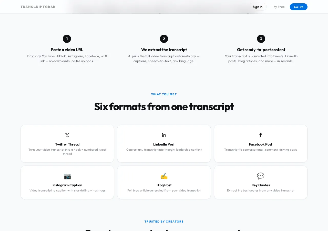 transcriptgrab.vercel.app page section 2 — marketing psychology audit screenshot