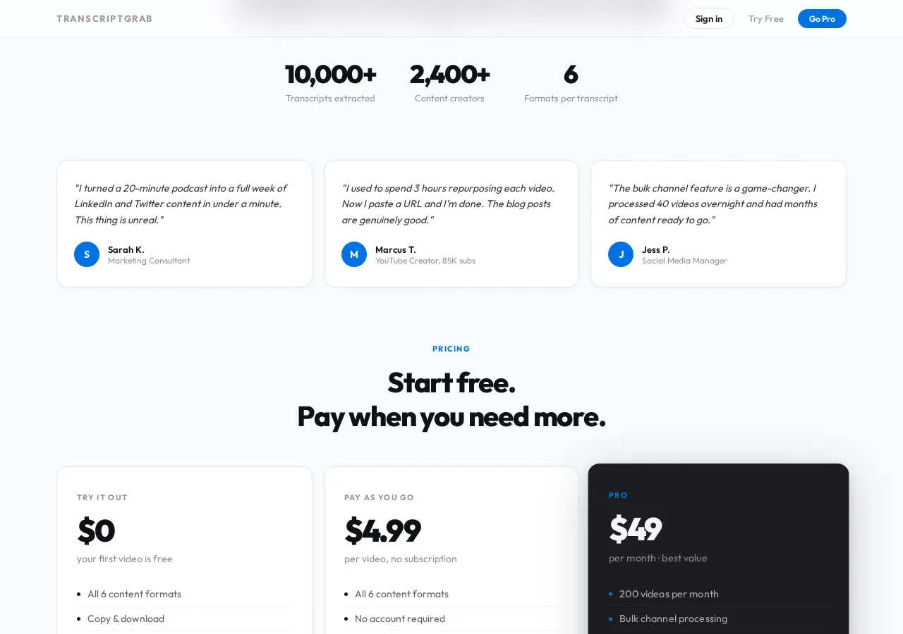 transcriptgrab.vercel.app page section 3 — marketing psychology audit screenshot