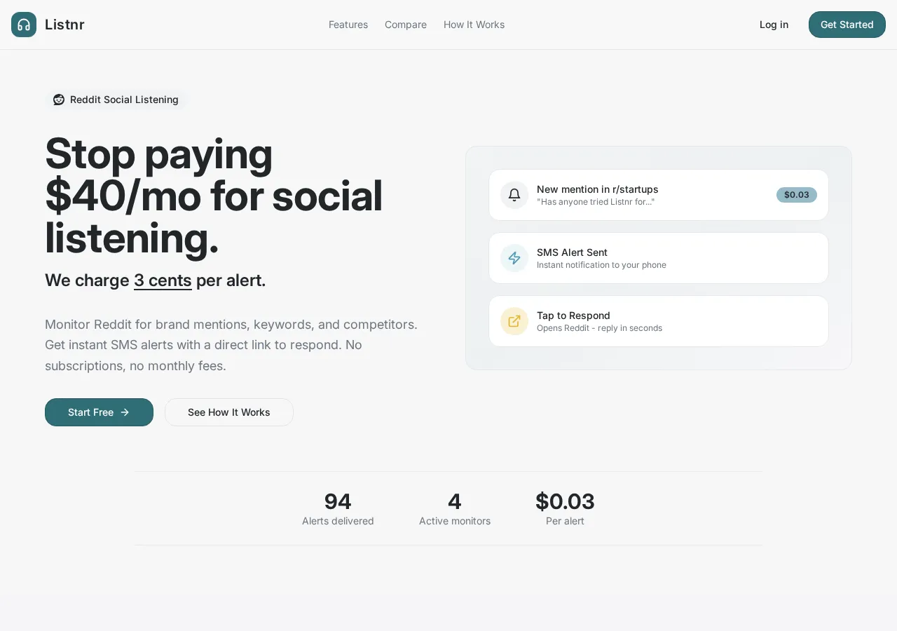 listnrapp.com page section 1 — marketing psychology audit screenshot