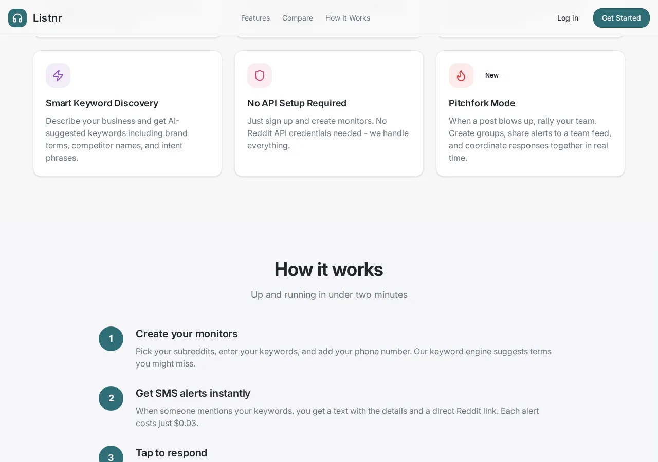 listnrapp.com page section 3 — marketing psychology audit screenshot