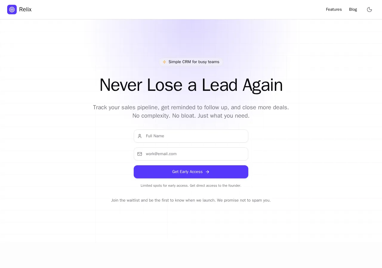 relixcrm.com page section 1 — marketing psychology audit screenshot