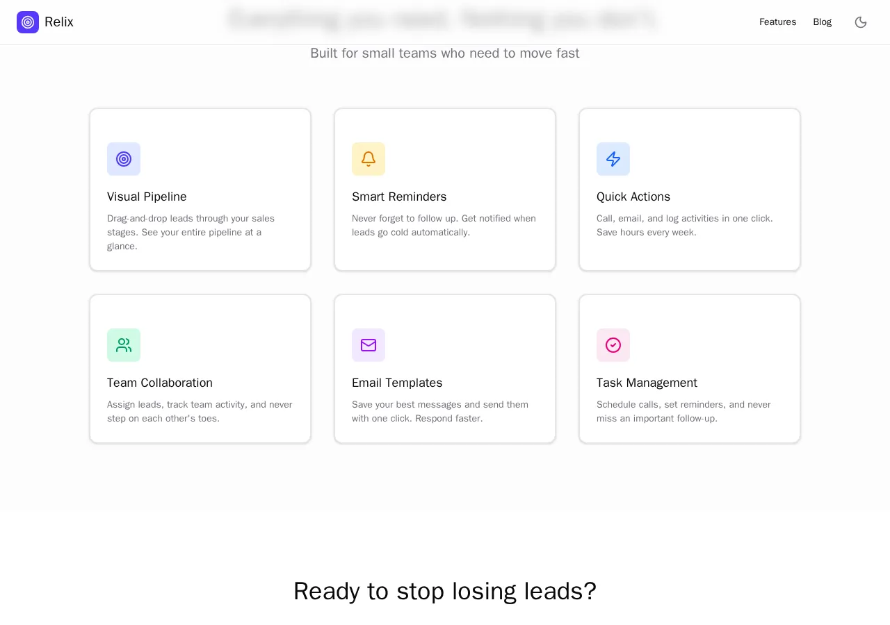relixcrm.com page section 2 — marketing psychology audit screenshot