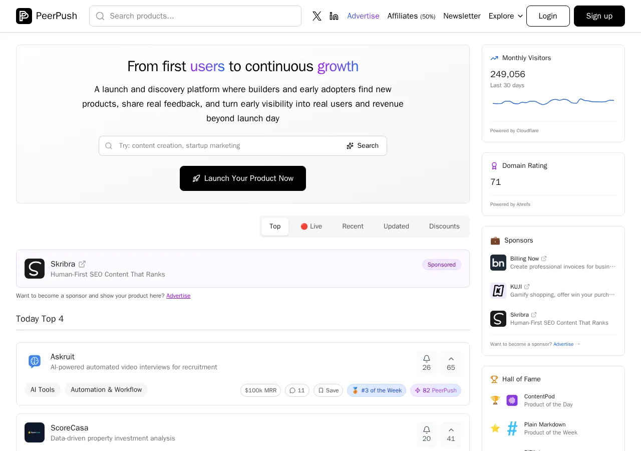 peerpush.net page section 1 — marketing psychology audit screenshot