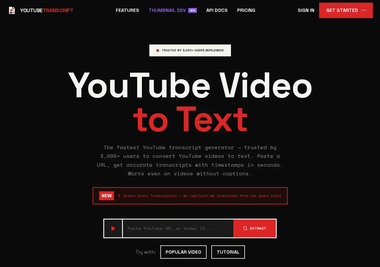 youtubetranscript.dev page section 1 — marketing psychology audit screenshot