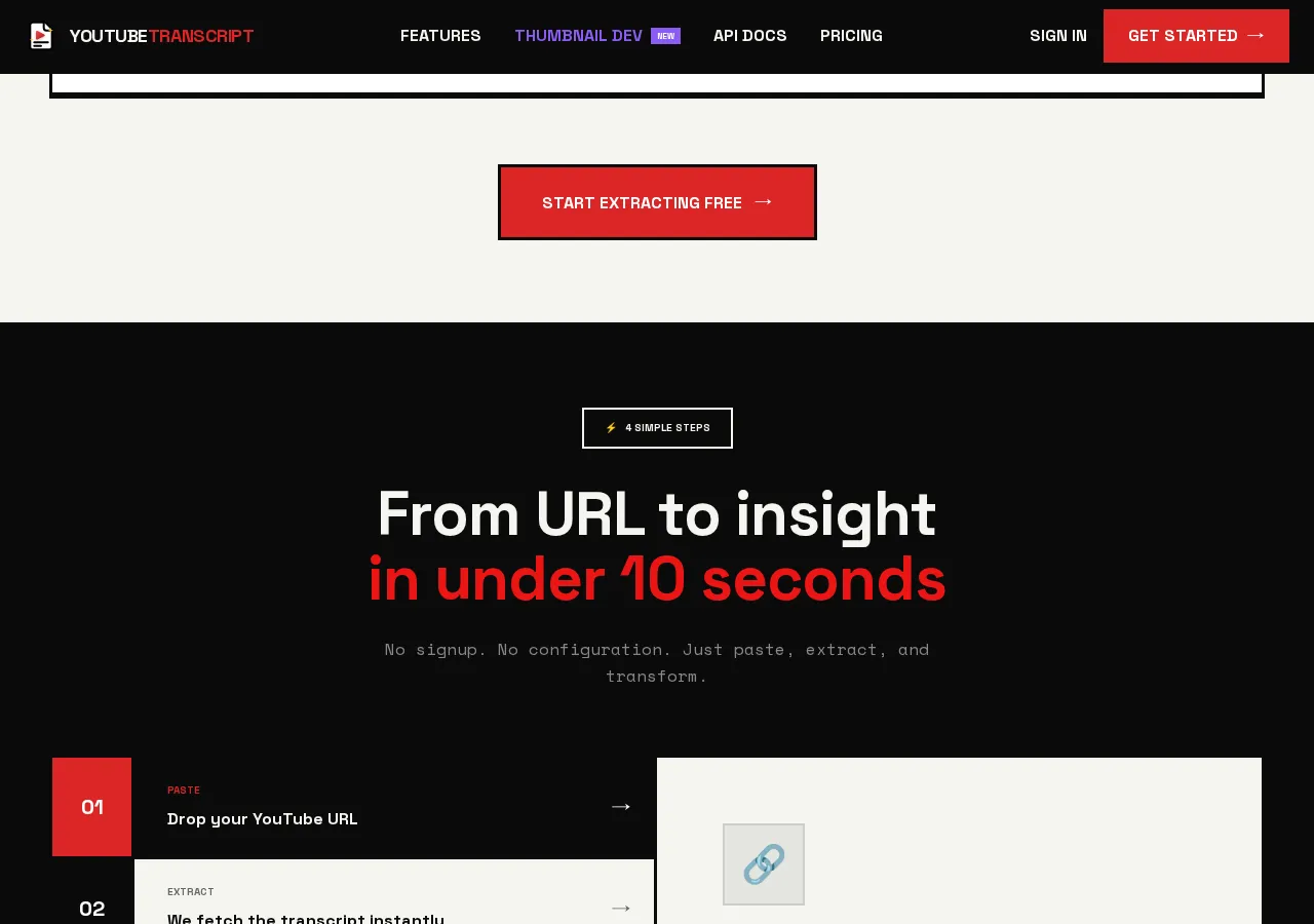 youtubetranscript.dev page section 5 — marketing psychology audit screenshot