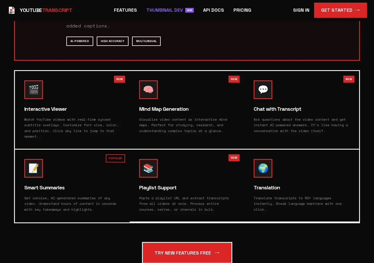 youtubetranscript.dev page section 3 — marketing psychology audit screenshot